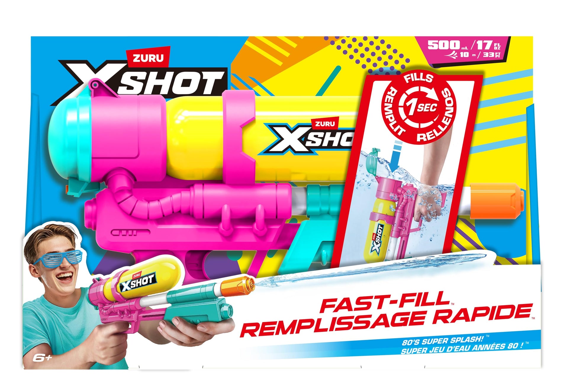 XSHOT Water Fast-Fill 80s Super Splash water blaster in purple with a 33ft range and 500ml tank, outdoor kids' summer water toy