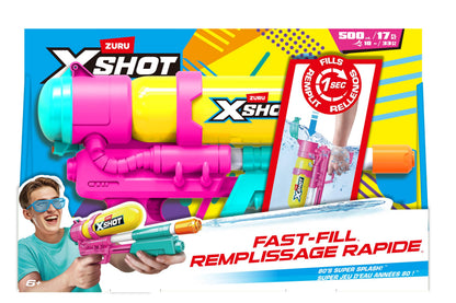 XSHOT Water Fast-Fill 80s Super Splash water blaster in purple with a 33ft range and 500ml tank, outdoor kids' summer water toy