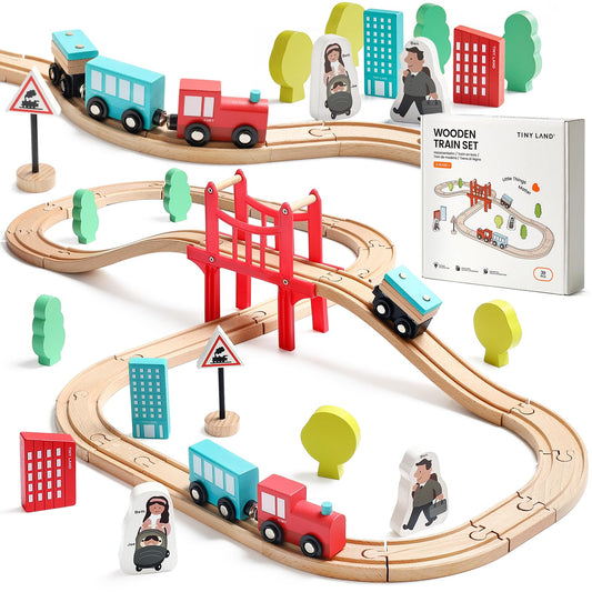 Tiny Land Wooden Train Set for Toddler - 39 Piece- with Wooden Tracks Compatible with Major Brands- Expandable, Changeable-Train Toy for 3 4 5 Years Old Girls & Boys