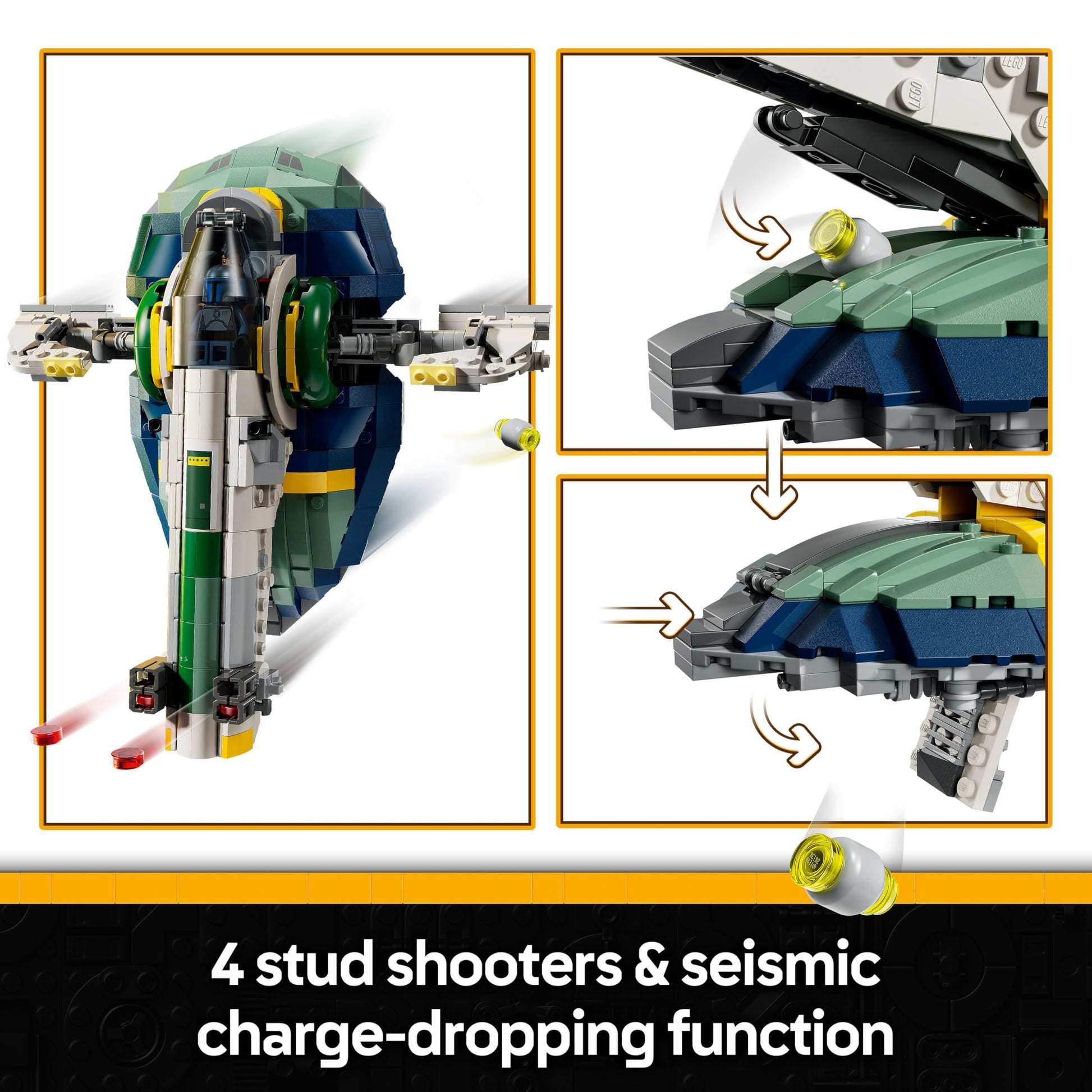 LEGO Star Wars 75433 Jango Fett's Starship with rotating wings and three minifigures including Boba Fett.