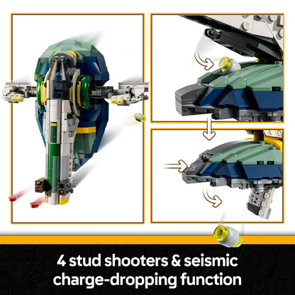 LEGO Star Wars 75433 Jango Fett's Starship with rotating wings and three minifigures including Boba Fett.