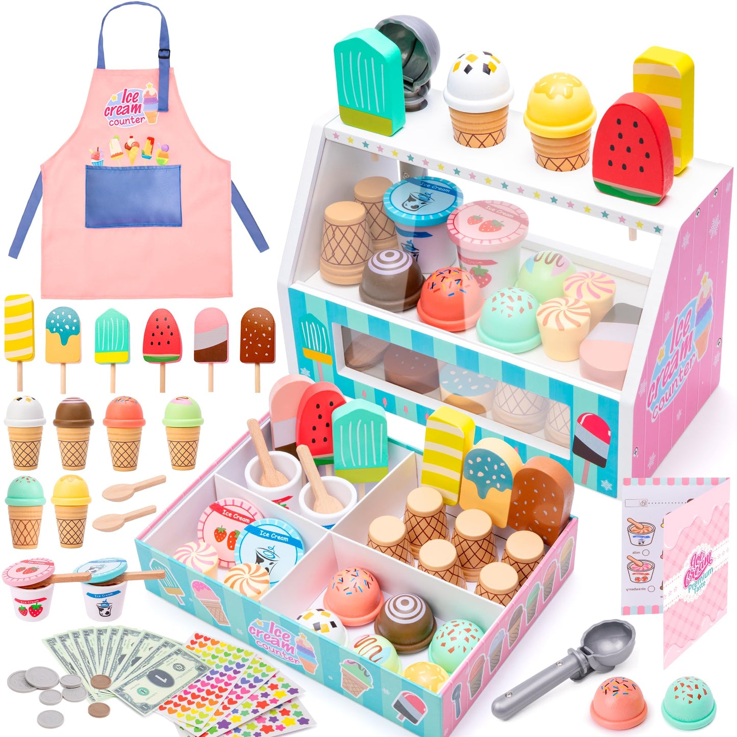 WIKITOT Ice Cream Toys for Kids, 51 Pieces Wooden Ice Cream Cart Role Play Toys for 3 to 7 Year Old Girls Boys Bithday Gifts