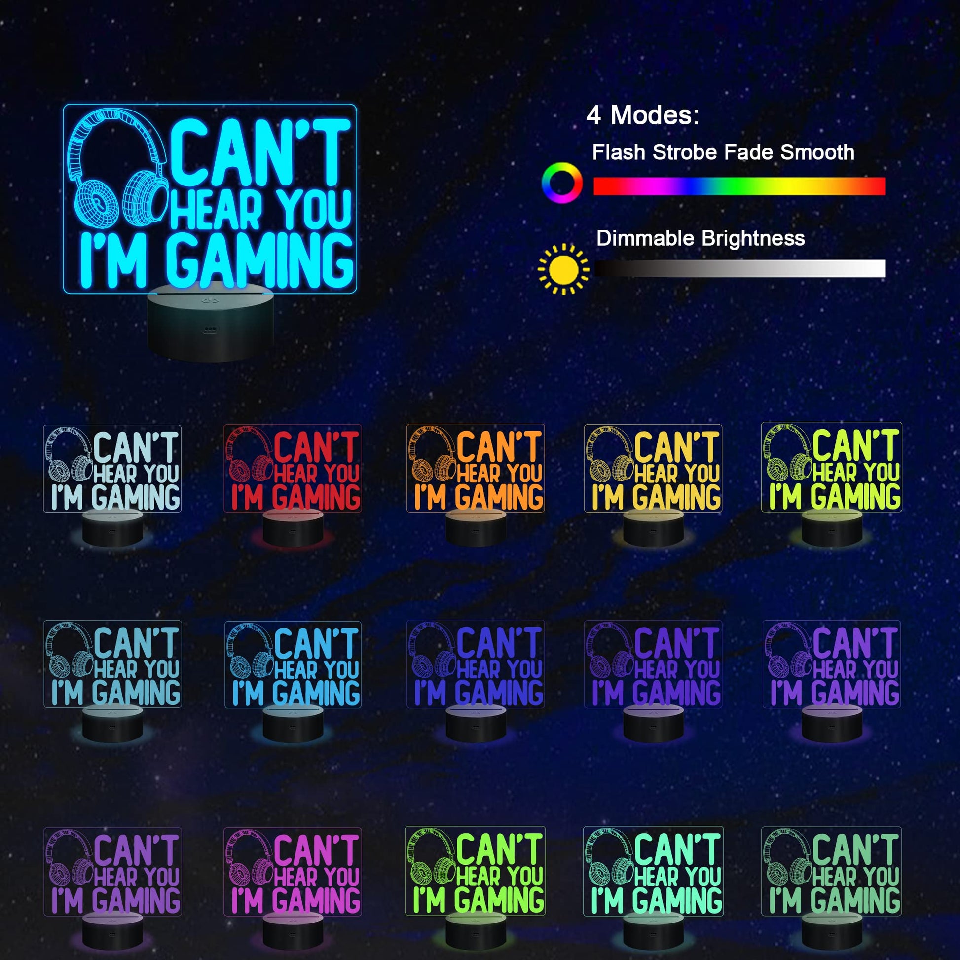 3D gaming night light featuring a headset graphic with 16 color options, touch and remote control, perfect for gamers and teens