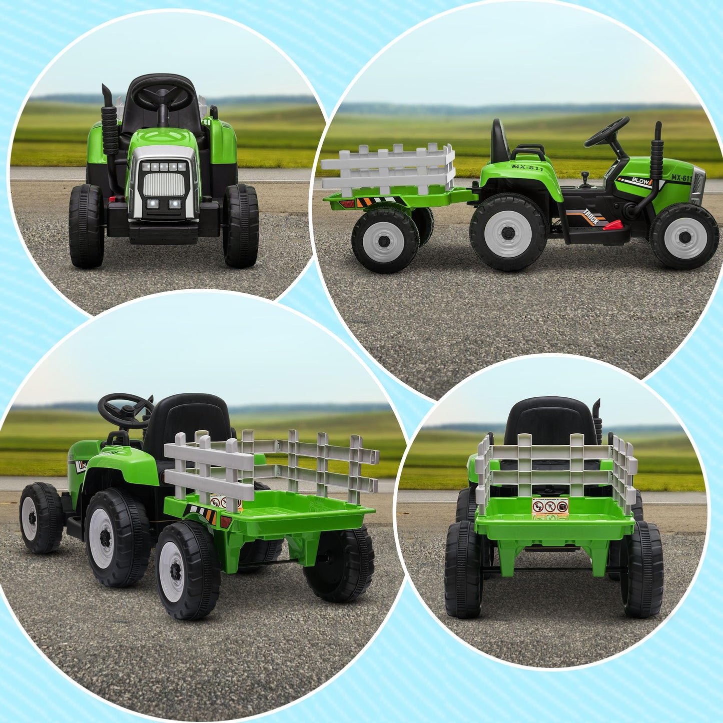 HOMCOM Kids Electric Car, 12V Electric Ride on Tractor and Trailer with Detachable Trailer Remote Control, USB, Horn, Lights, Start-Up Sound, for Ages 3-6 Years, Green