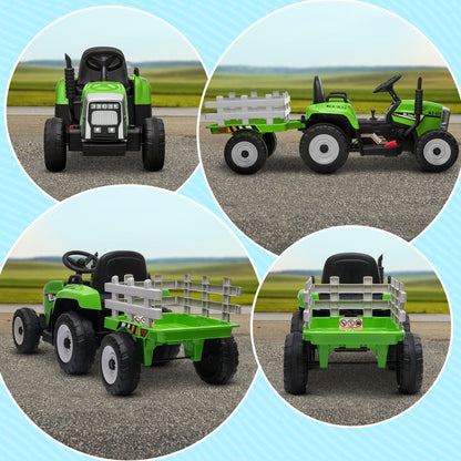 HOMCOM Kids Electric Car, 12V Electric Ride on Tractor and Trailer with Detachable Trailer Remote Control, USB, Horn, Lights, Start-Up Sound, for Ages 3-6 Years, Green