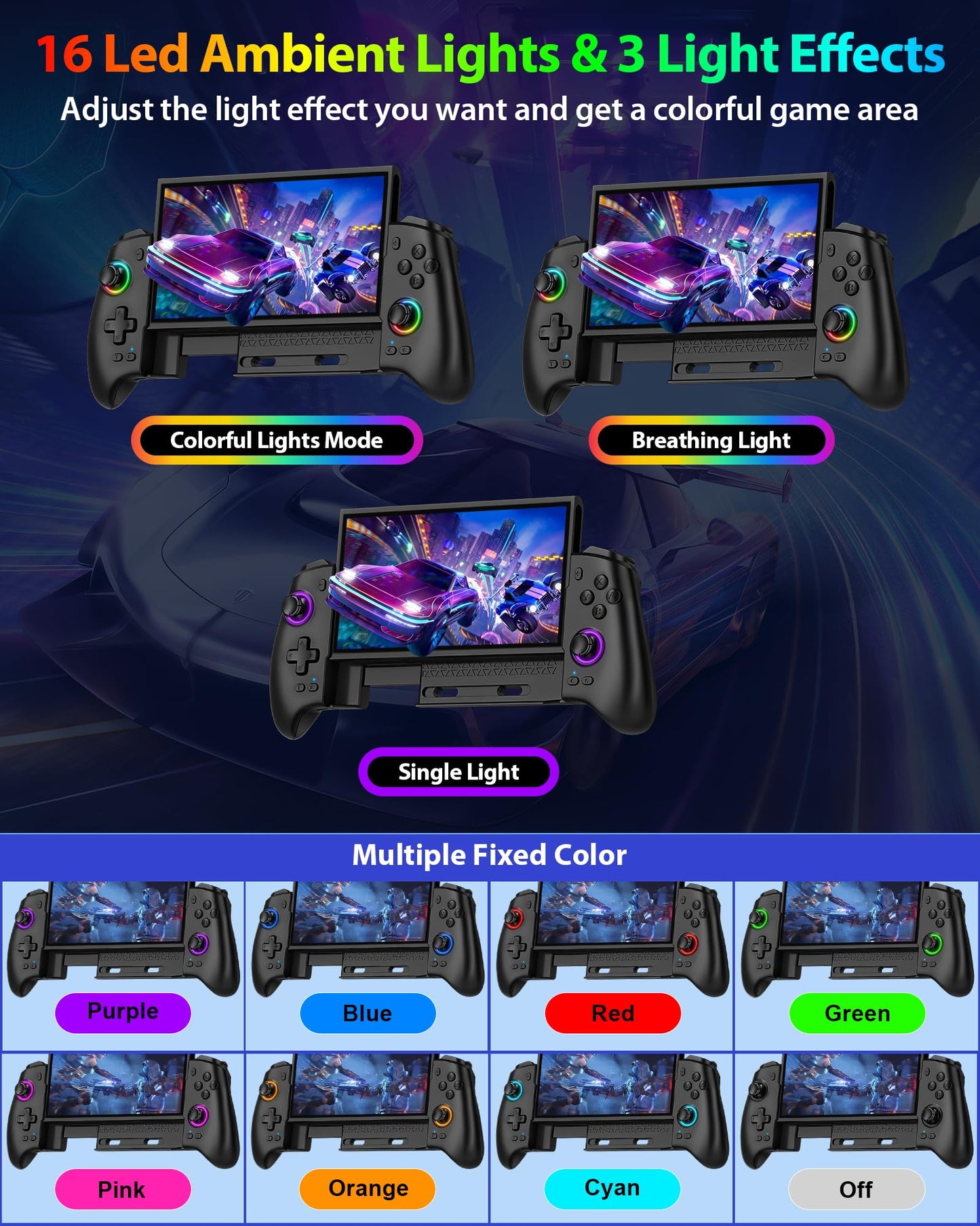 ZRZLMVP wireless Switch Pro controller with RGB lighting, stretchable design, Hall effect joysticks, programmable features, and vibration.