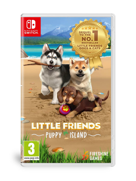 Cute illustration of puppies and island scenery from Fireshine Games Little Friends: Puppy Island game artwork.