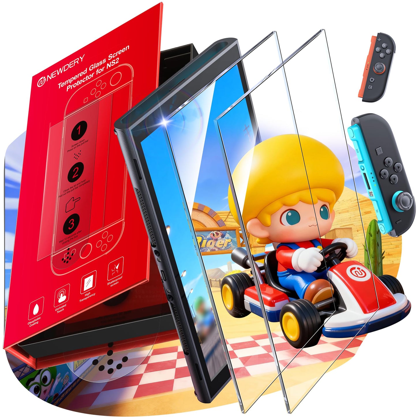 NEWDERY Nintendo Switch 2 screen protector with 9H tempered glass, full coverage, auto alignment, anti-fingerprint, easy install, 2-pack