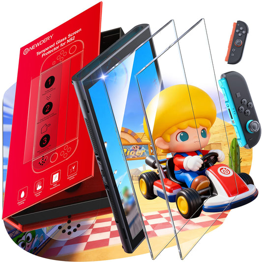 NEWDERY Nintendo Switch 2 screen protector with 9H tempered glass, full coverage, auto alignment, anti-fingerprint, easy install, 2-pack
