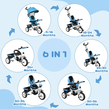 HOMCOM 6 in 1 Trike, Kids Tricycle, Pedal Push Bike w/Parent Handle, Removable Canopy, 5-Point Safety Belt, Storage, Footrest, Brake, for 1-5 Years Toddler, Blue