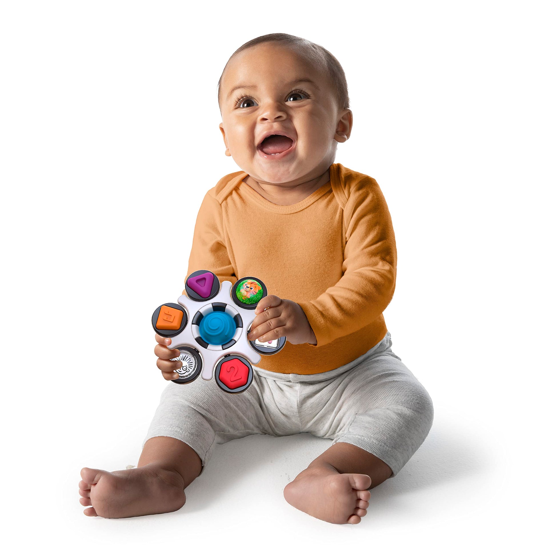 Baby Einstein Curiosity Clutch fidget sensory toy and Pop It rattle, BPA-free infant teether for babies 3 months and older.