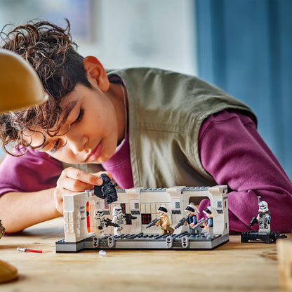 LEGO Star Wars Boarding the Tantive IV set featuring minifigures, door blast function, and detailed spaceship design.