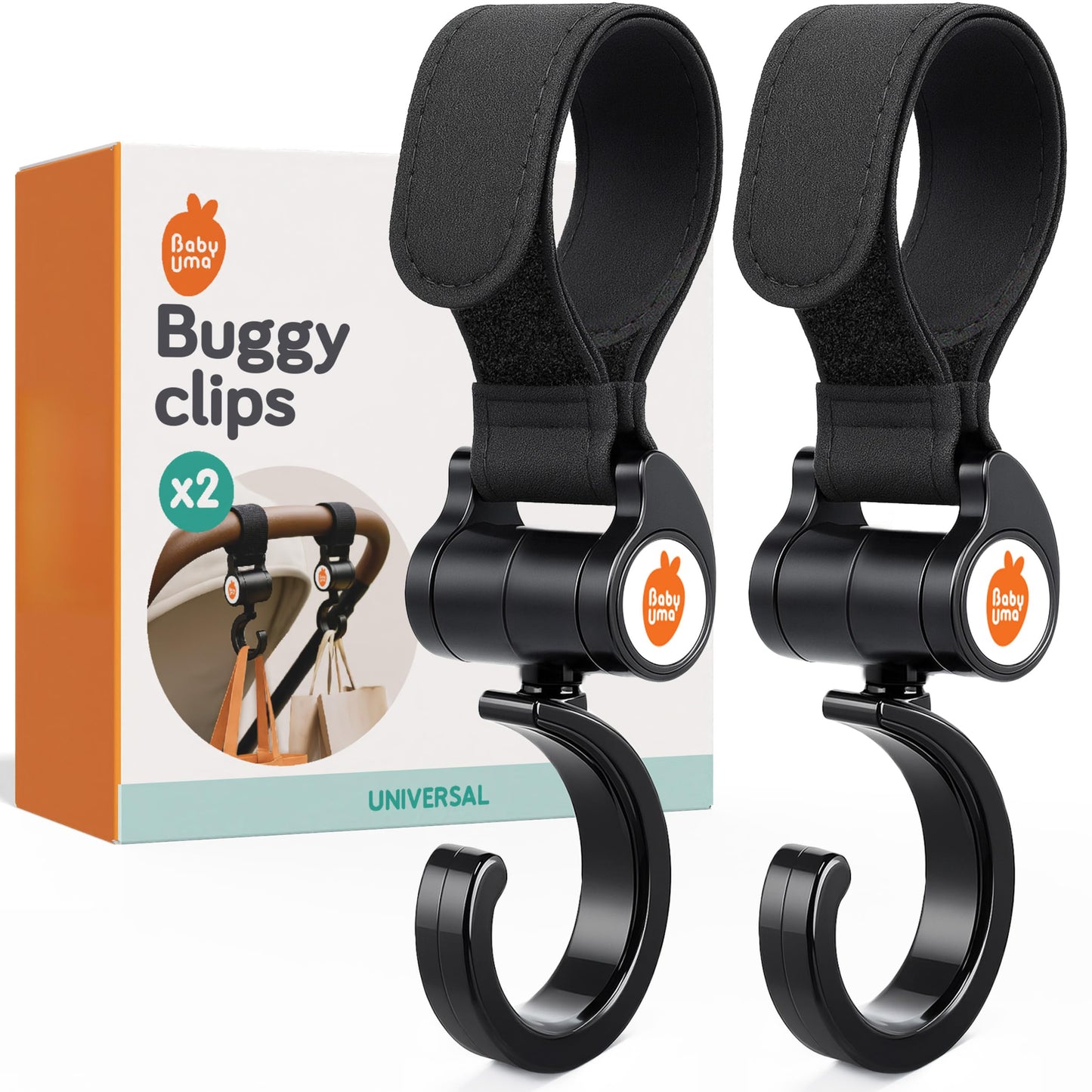 Baby Uma Buggy Clips in a 2-pack with open pram bag clips, featuring 360° swivel neck and strong straps for stroller accessories.