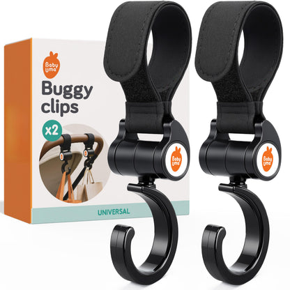 Baby Uma Buggy Clips in a 2-pack with open pram bag clips, featuring 360° swivel neck and strong straps for stroller accessories.