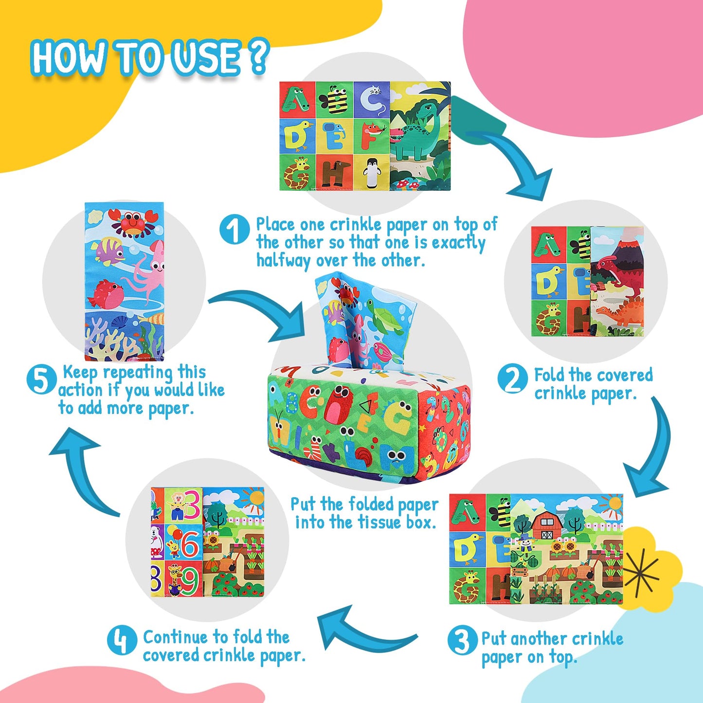 URMYWO Baby Toys 6 to 12 Months, Baby Tissue Box Toy, Sensory Toys for Babies, Toys for 1 Year Old Boy Girl, Soft Crinkle for Infant Toddlers, Stocking Stuffers, Baby Boy Girl Gifts