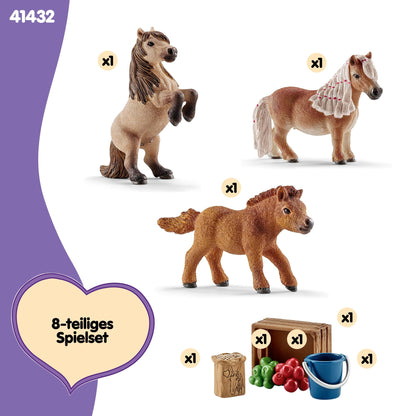 SCHLEICH HORSE CLUB - 8 PC Miniature Shetland Pony Family Playset with 3 Horses and Accessories - Collectable Farm Animal Figurines - Realistic Mini Horse Toys for Girls and Boys - Kids Ages 5+
