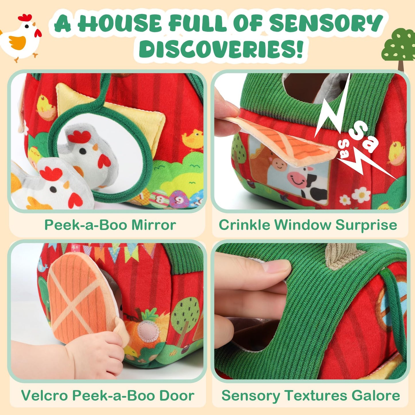 URMYWO Baby Toys 6 to12 Months Sensory Toy with Farm Animals Rattle Toys,Baby Mirror,Crinkle Paper,A Farm Mat,Montessori Toys Baby for Toddler 1-3 Year