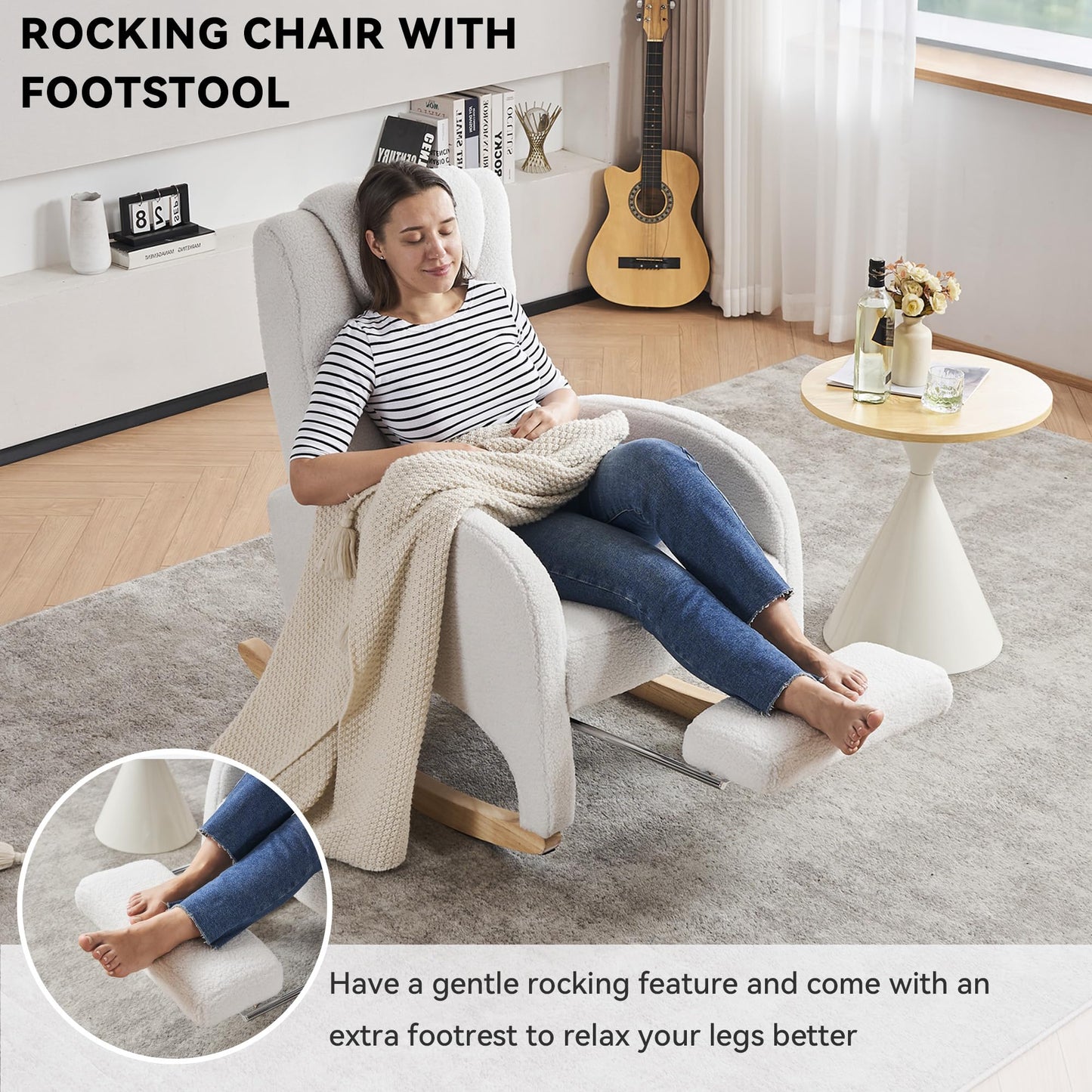 DEKKETO teddy rocking chair with headrest, footrest, side pocket, white fabric, ideal for nursing, breastfeeding, and nursery comfort.