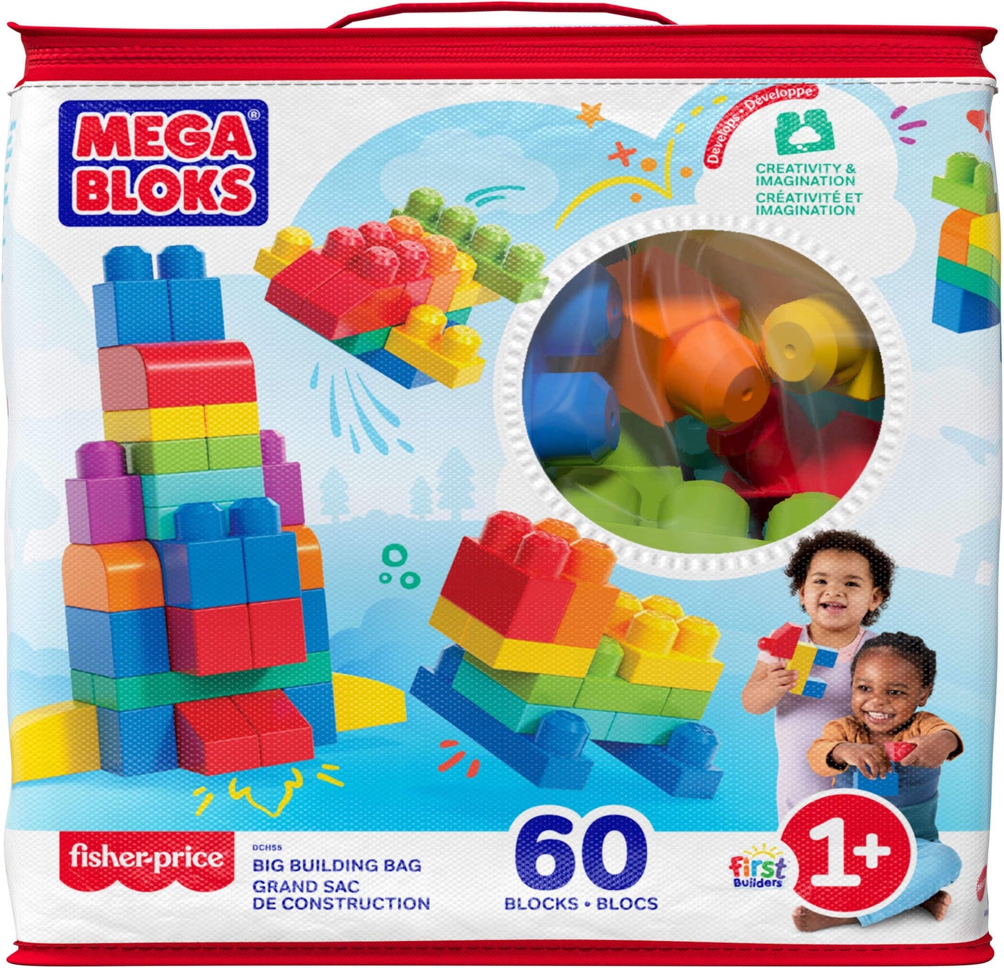 MEGA BLOKS Big Building Bag building set with 60 big and colorful building blocks, and 1 storage bag, toy gift set for ages 1 and up, DCH55