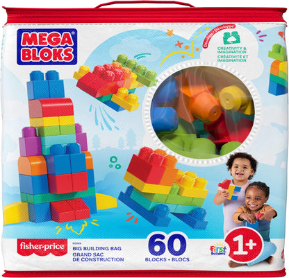 MEGA BLOKS Big Building Bag building set with 60 big and colorful building blocks, and 1 storage bag, toy gift set for ages 1 and up, DCH55