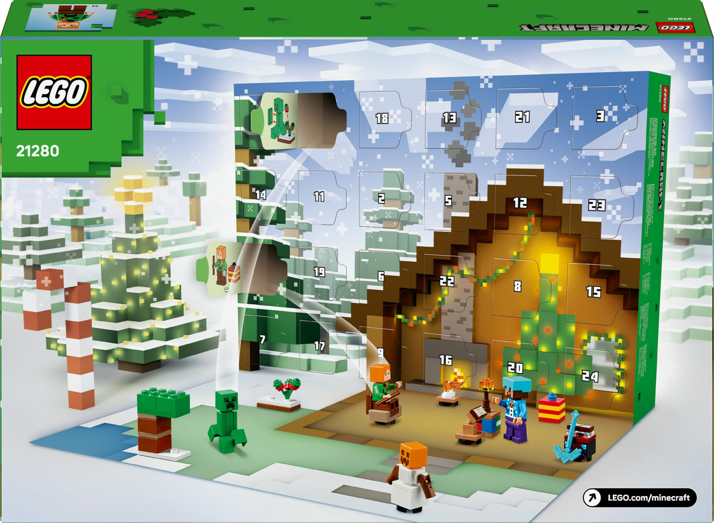 LEGO Minecraft Advent Calendar 2025 featuring 24 surprises, minifigures, and mini builds for kids aged 7 and up.
