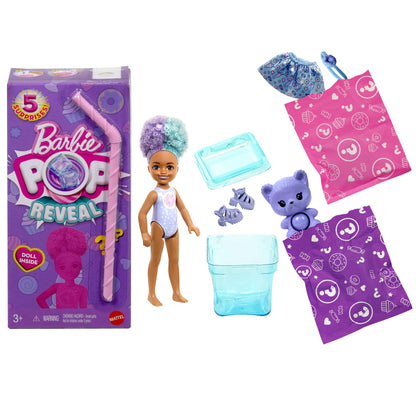 Barbie Chelsea Pop Reveal Doll Set with scented small doll, Pop-It pet, and color-changing surprises in a colorful packaging.