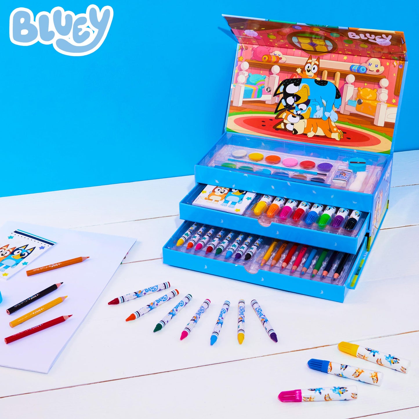 Bluey Art Set for Kids Colouring Pencils Paints Felt Tip Pens Crayons Stationery Crafts Girls Boys Art Supplies Preschool Travel 40 Plus Pcs Gift Set (Blue 3 Tier)