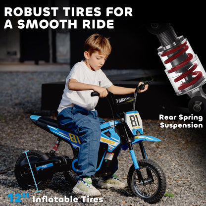 AIYAPLAY kids electric dirt bike with 12-inch inflatable tires, blue 24V battery-powered motorcycle with rear suspension and 250W motor.