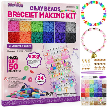 Gionlion 6000 Clay Beads Bracelet Making Kit, Friendship Bracelet Kits Preppy Beads for Jewellery Making, Flat Heishi Bead for Bracelet Arts and Crafts Gifts for Teen Girls