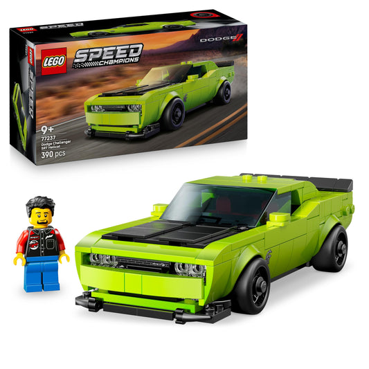 LEGO Speed Champions Dodge Challenger SRT Hellcat model kit with driver minifigure, perfect for 9+ year old boys.