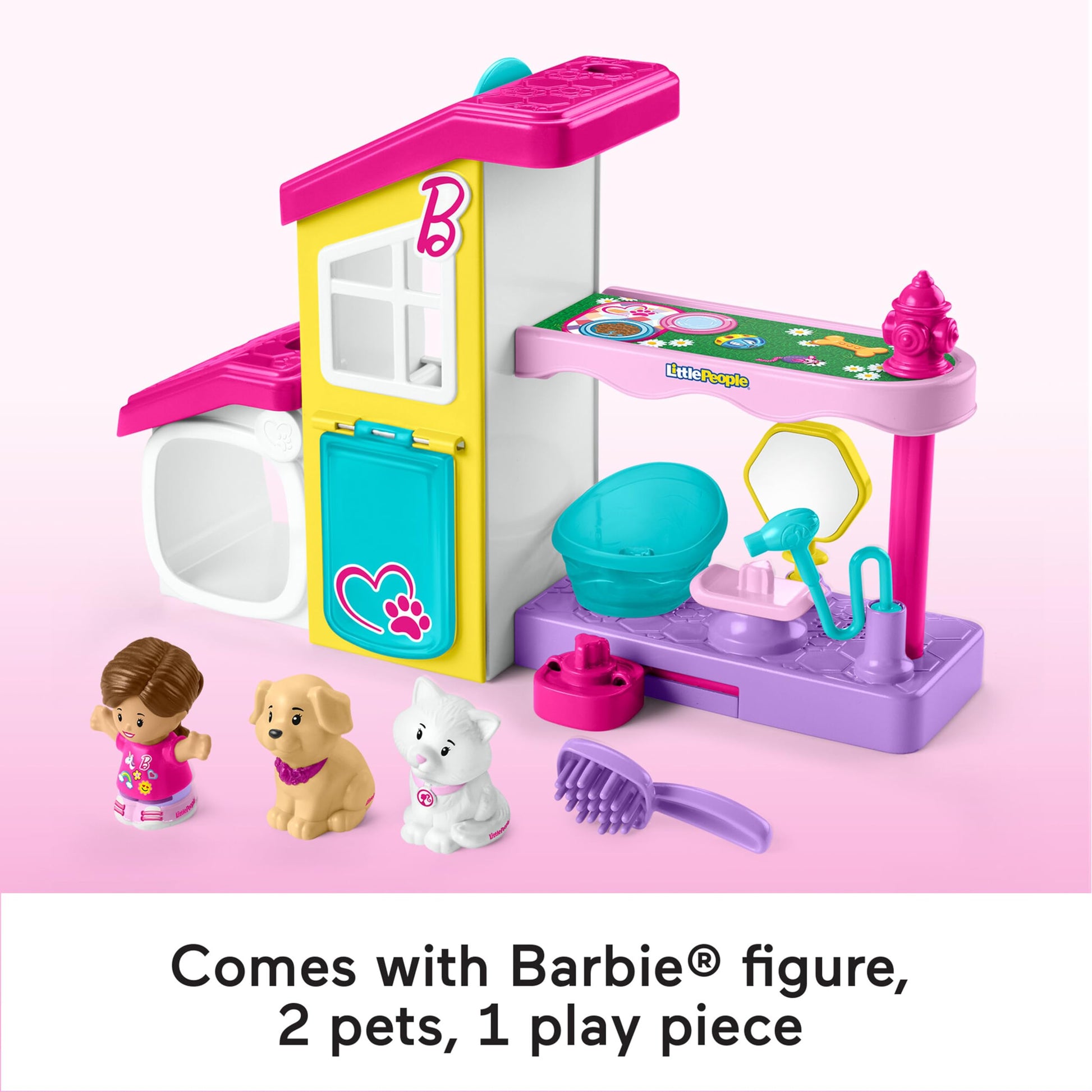 Fisher-Price Little People Barbie Toddler toy playset with pet spa, music, and sounds for kids aged 18 months and up.