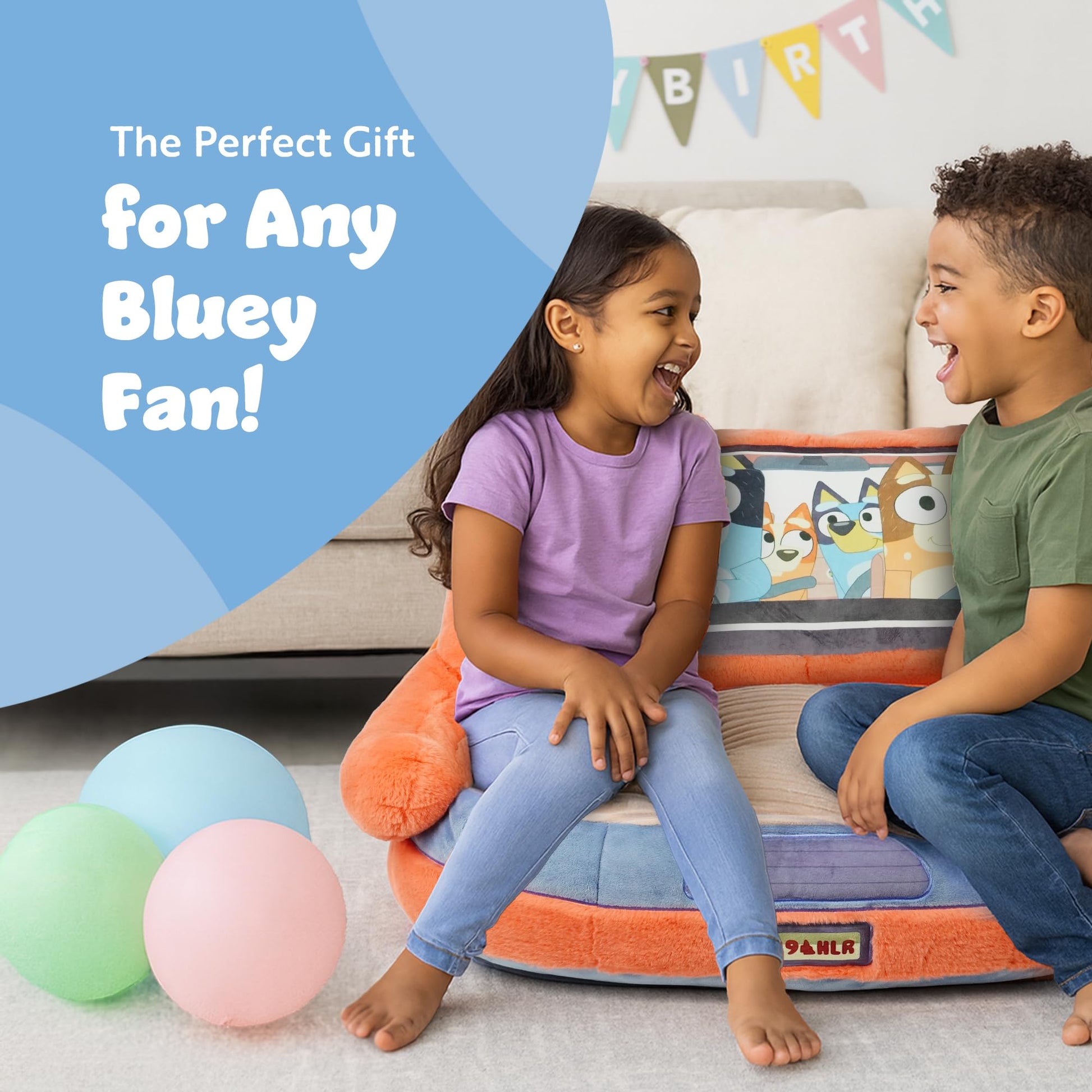 Bluey kids plush car sofa armchair with family car design, soft and comfy toddler lounge chair for bedroom or playroom.