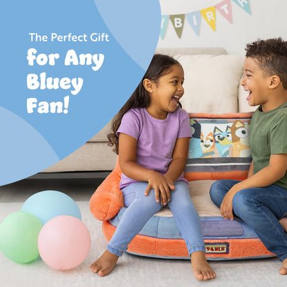 Bluey kids plush car sofa armchair with family car design, soft and comfy toddler lounge chair for bedroom or playroom.