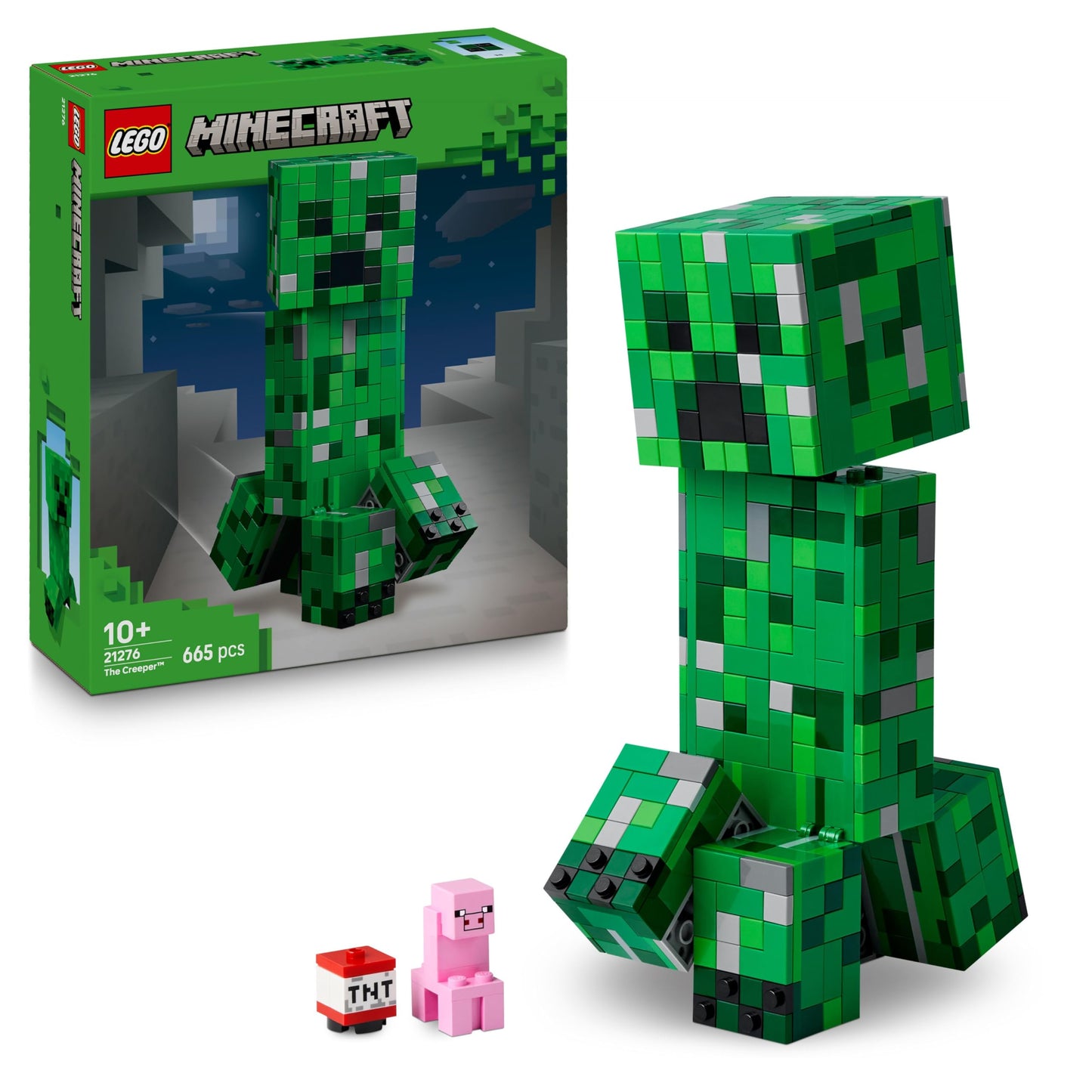 LEGO Minecraft The Creeper toy figure with hidden compartment, pig, and TNT element, ideal for gaming fans aged 10 and up.