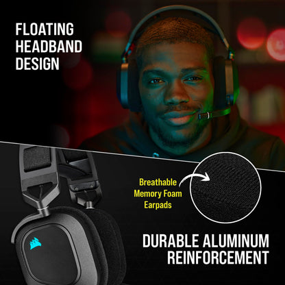 Corsair HS80 RGB Wireless Gaming Headset with Dolby Atmos, omni-directional mic, iCUE compatible, in carbon color, on a gaming setup