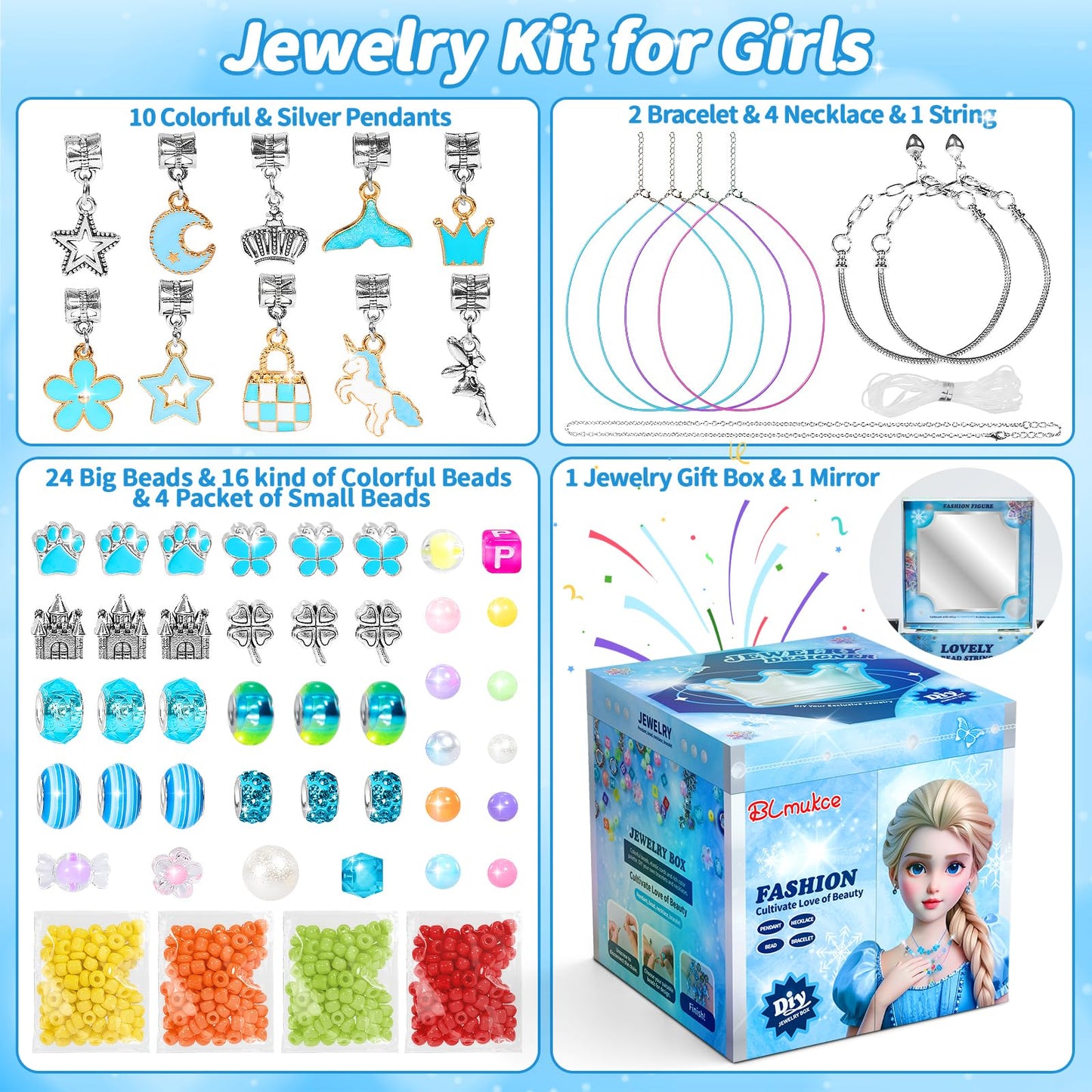 BLmukce winter-themed charm bracelet making kit for girls with beads, charms, and necklace supplies, suitable for ages 8-12.