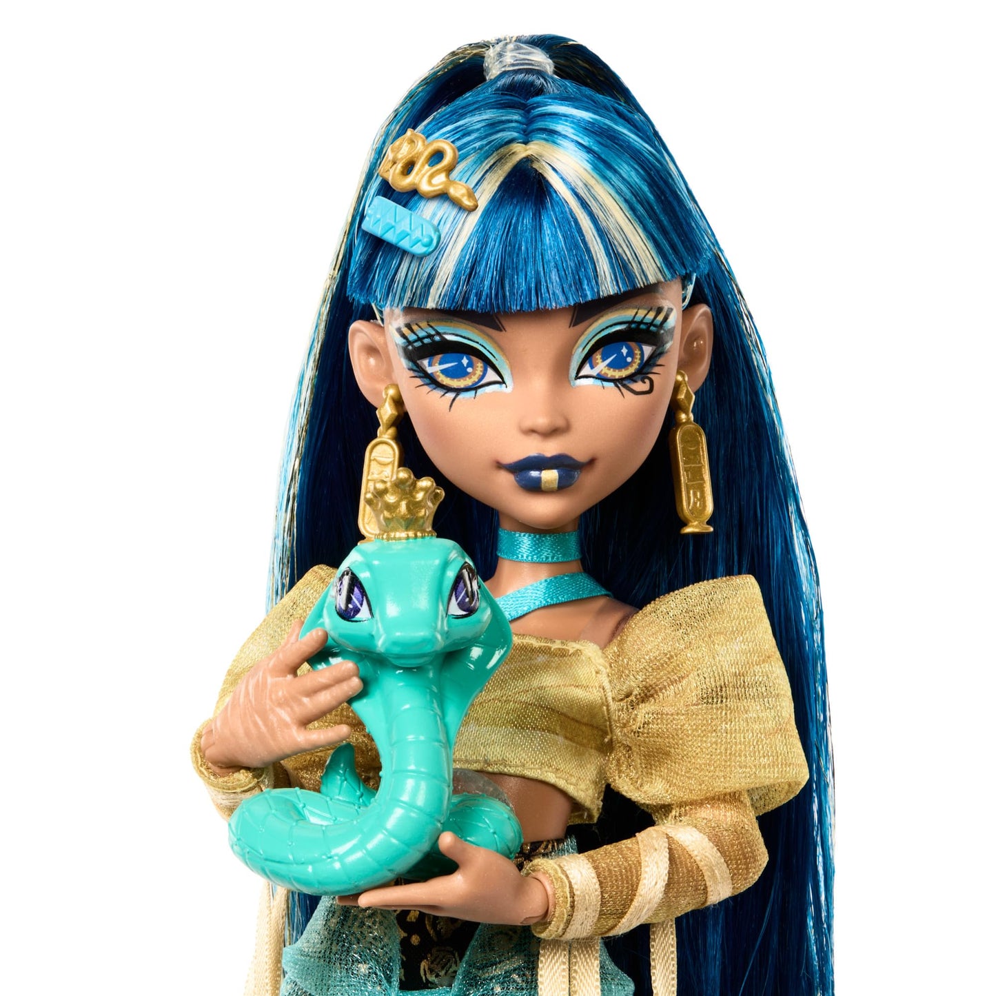 Cleo De Nile doll in golden blouse and layered skirt with pet cobra Hissette and accessories like backpack and scroll.