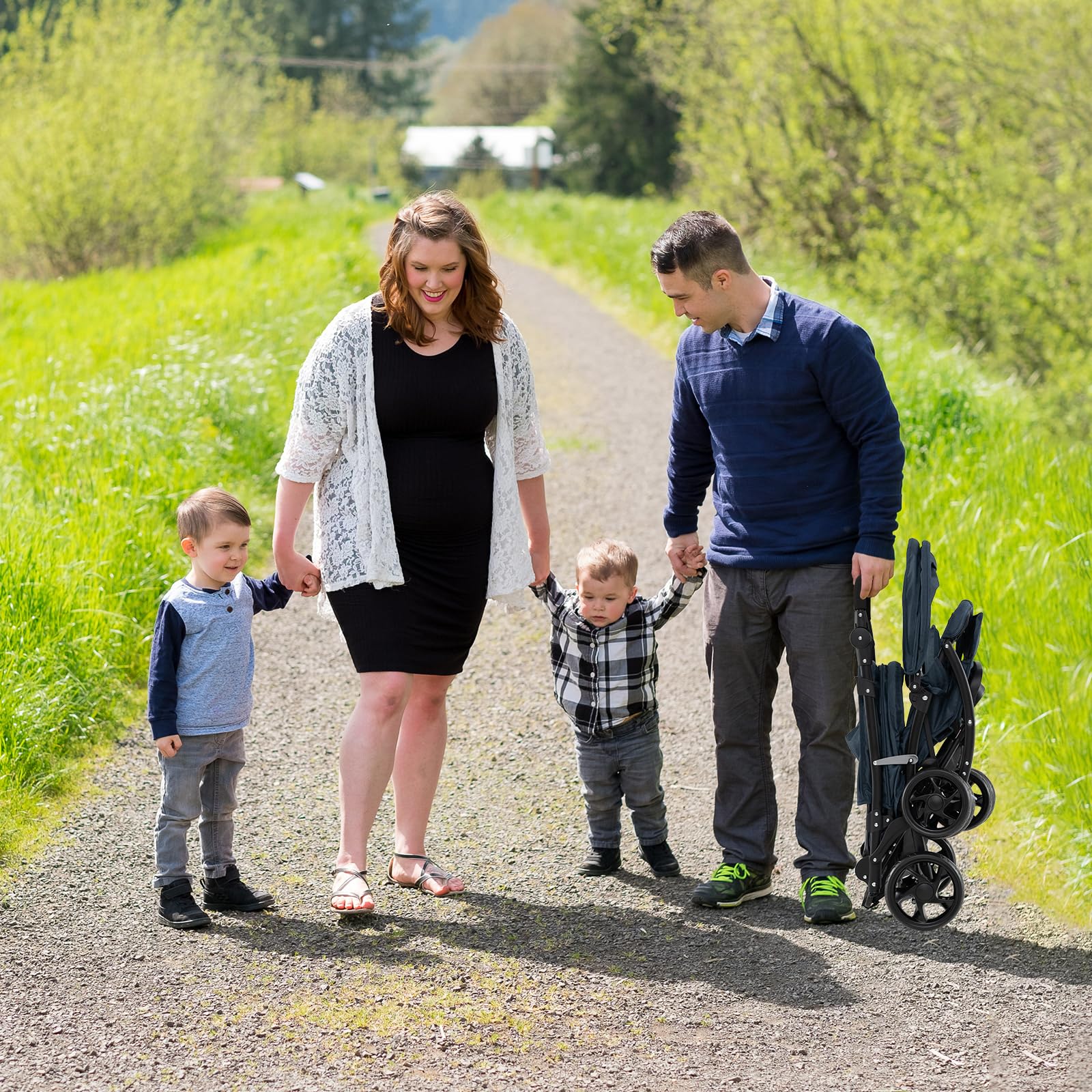COSTWAY double seat pushchair with navy fabric, foldable twin stroller, adjustable backrests, sunshade, safety belts, and storage basket.