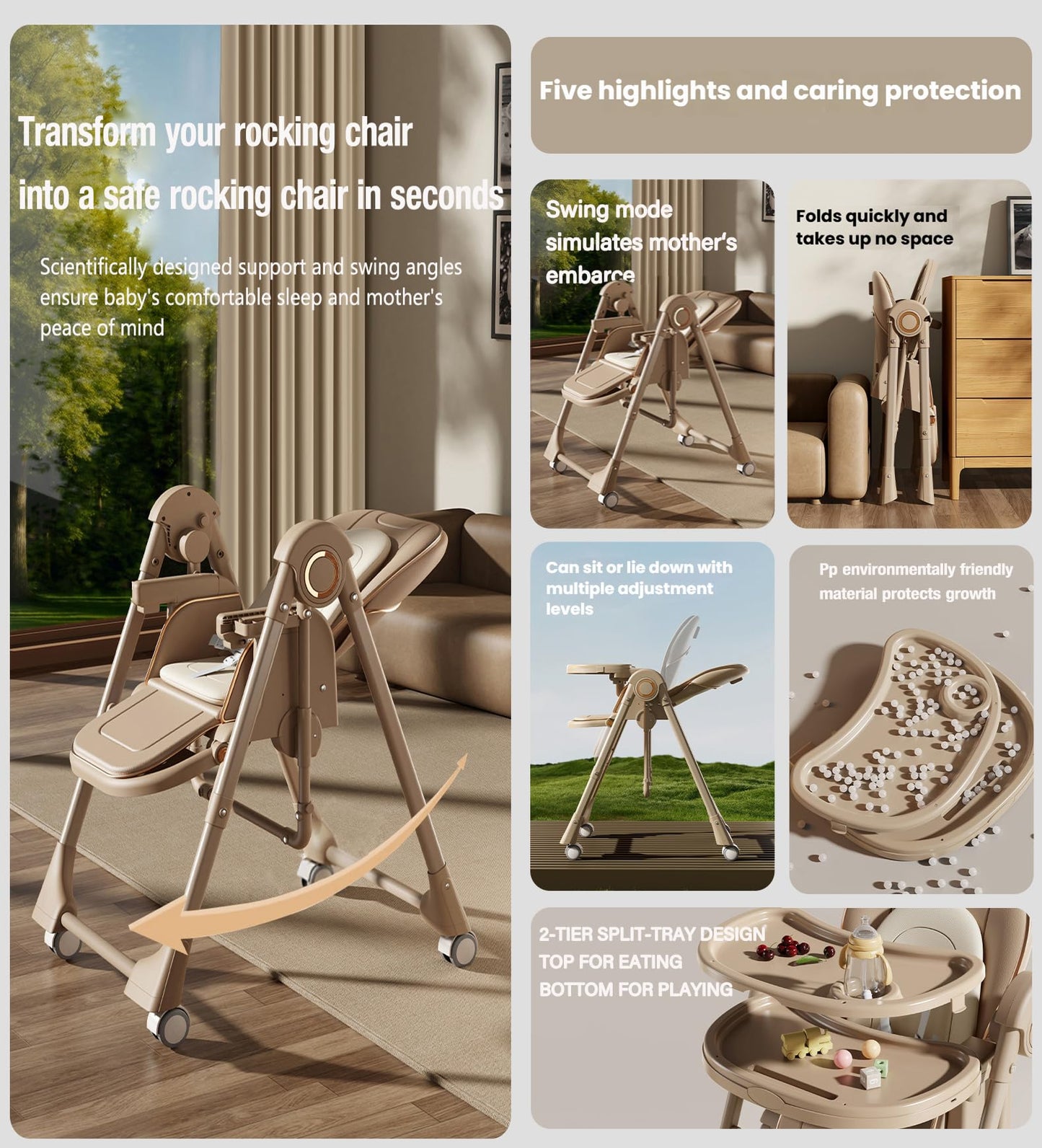 Magic ZC PU Leather Baby High Chair Toddler Feeding Dining Chair with Adjustable Heights and Positions Multifunctional Foldable Convertible with Detachable Double Trays and Wheels (X8121 Khaki)