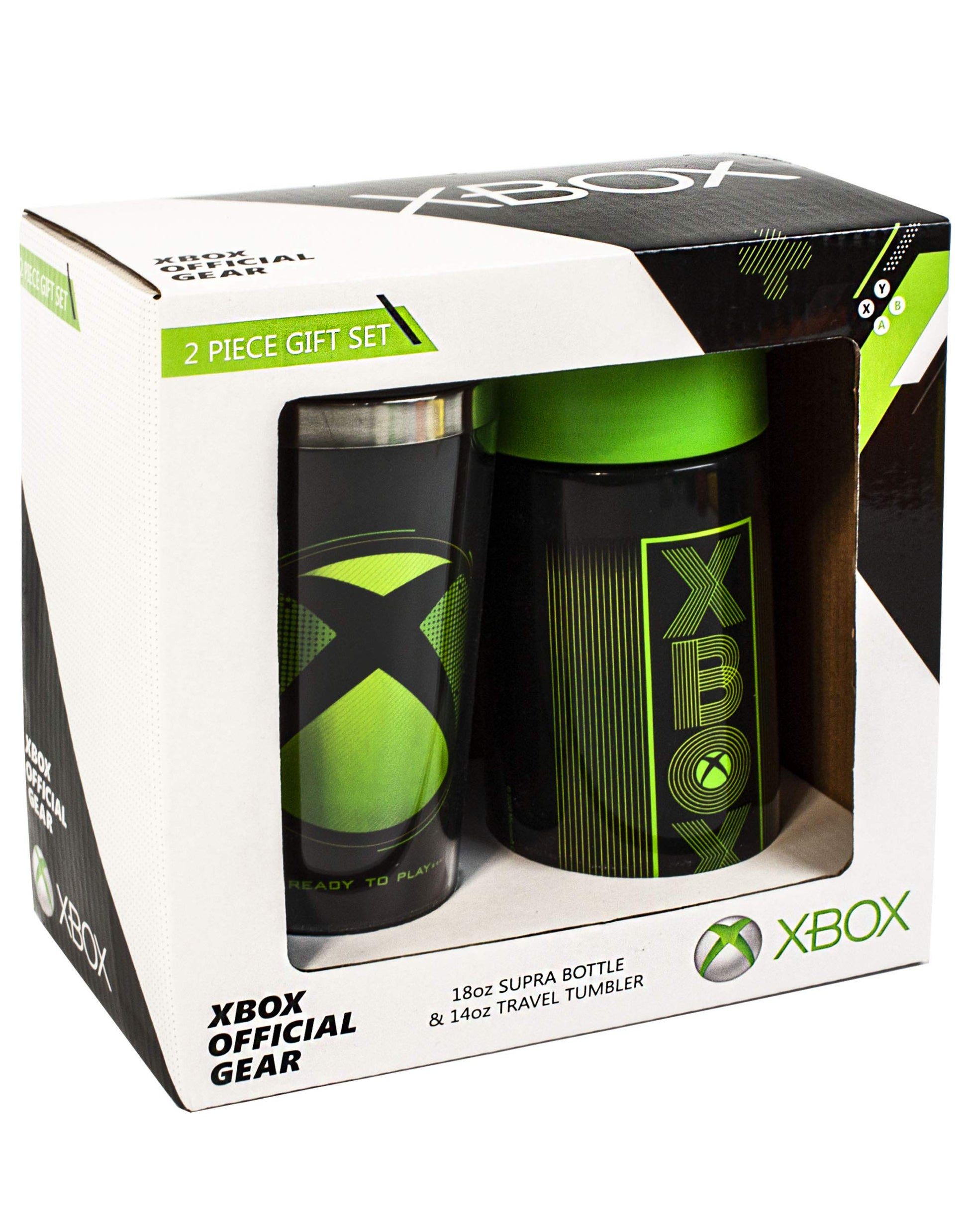 Xbox water bottle and travel mug gift set with black and green design, stainless steel flask and sports drink cups.