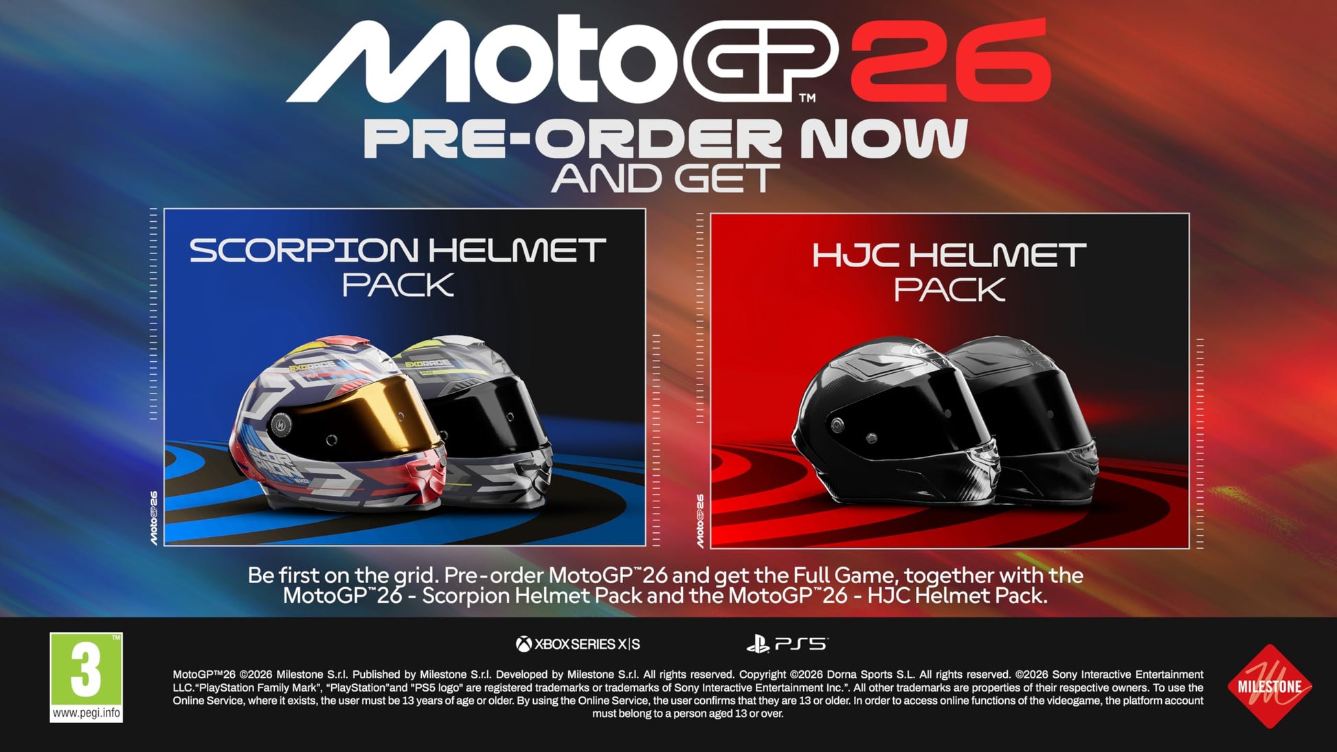 MotoGP 26 PlayStation 5 game case featuring motorcycle racing artwork and Milestone branding.