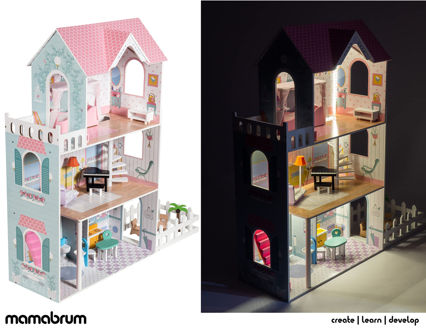 Mamabrum Wooden Dolls House XXL with Terrace Garden, LED Lights, Furniture & Accessories Included, 3-Storey Houses & Wooden Sweet Playhouse with Painted Roof & Walls for Little Girls, Rose/Light Blue