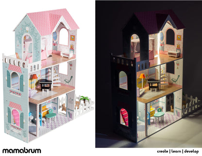 Mamabrum Wooden Dolls House XXL with Terrace Garden, LED Lights, Furniture & Accessories Included, 3-Storey Houses & Wooden Sweet Playhouse with Painted Roof & Walls for Little Girls, Rose/Light Blue