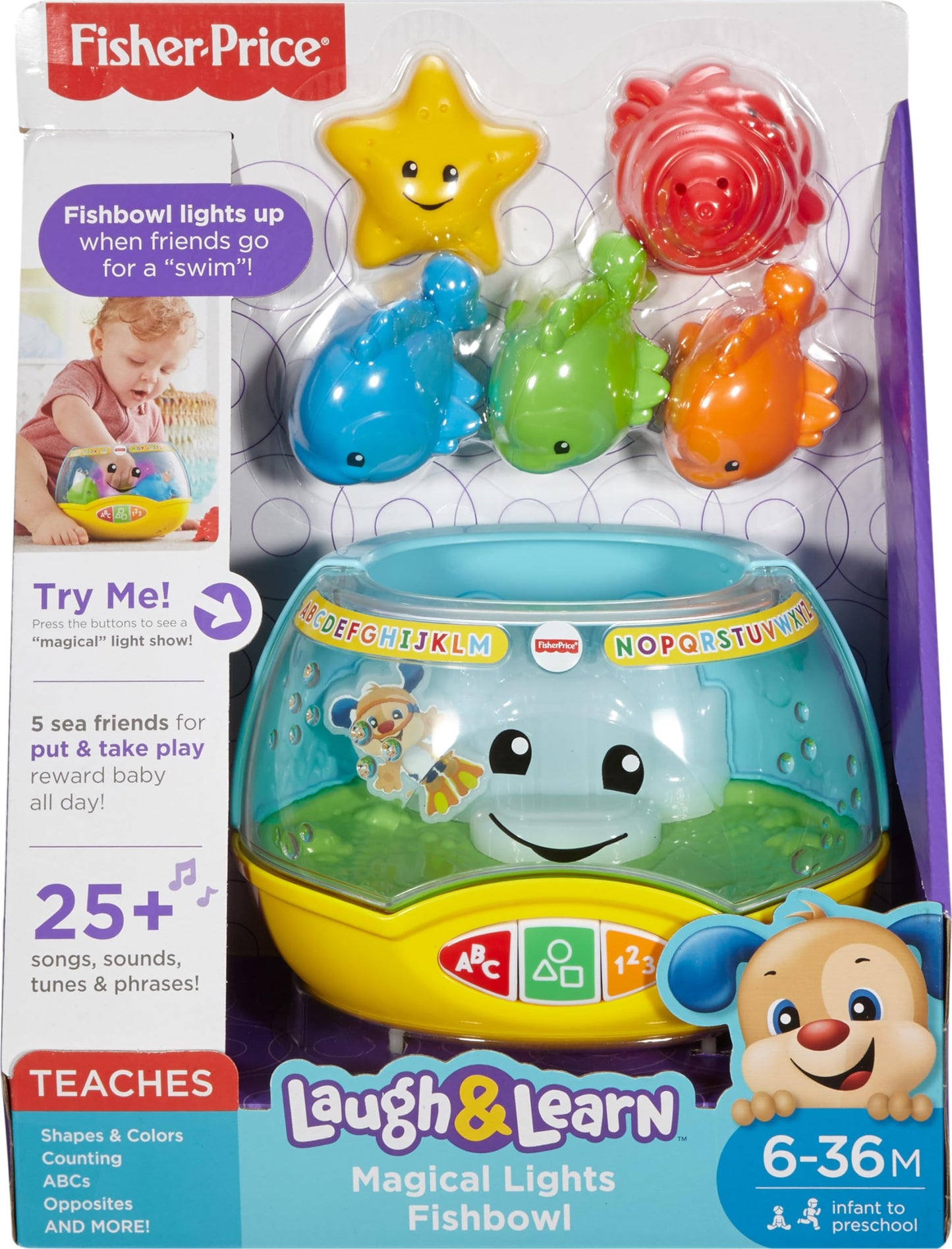 Fisher-Price Laugh & Learn Magical Lights Fishbowl toy with colorful lights and learning content for infants 6 months and older.