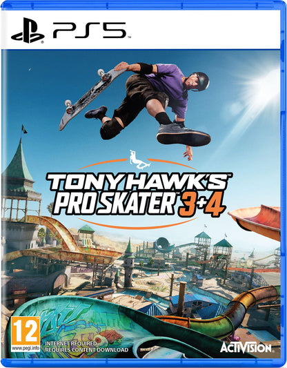 PlayStation 5 game case for Tony Hawk's Pro Skater 3+4 with cover art featuring skateboarders and urban skate park scenes.