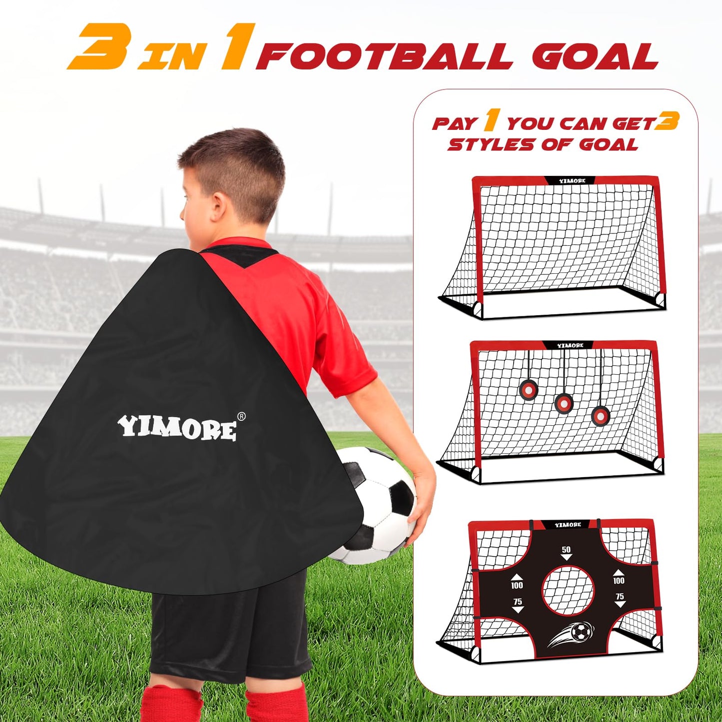 Yimore Kids Football Goal Portable, 3 In 1 Mini Football Goal Garden Indoor Outdoor 120 * 90 * 90 cm, Foldable Football Training with Target Gift for Boys Grils 3+ (Red)