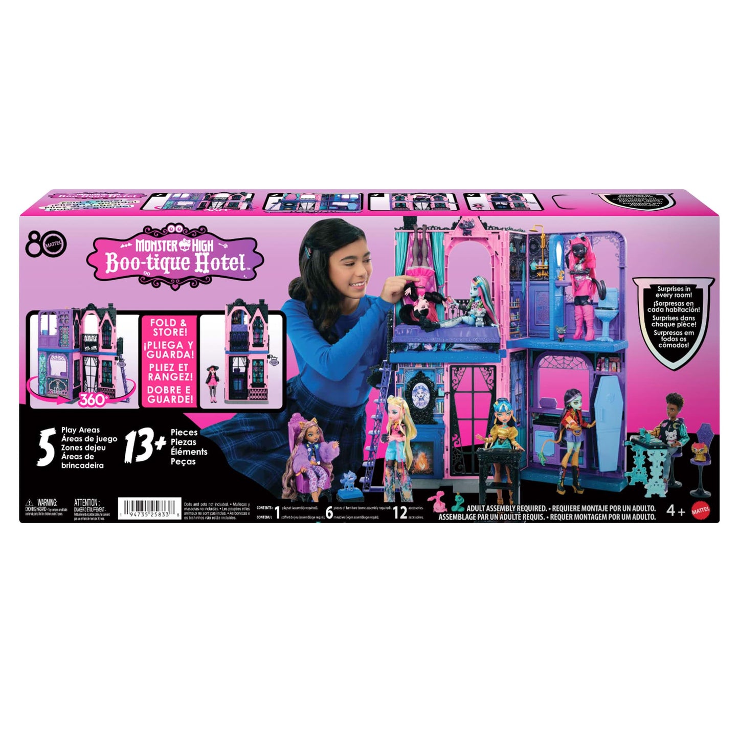 Monster High Boo-tique Hotel Doll House playset featuring spooky rooms, furniture, and accessories for imaginative play.