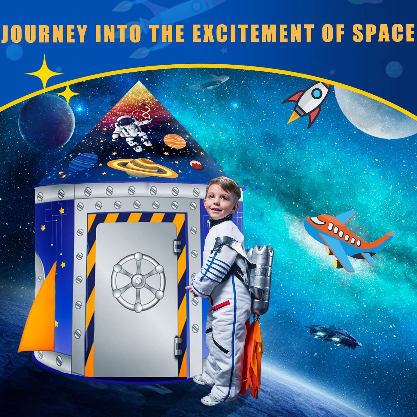 Nicecastle Play Tent for Kids Boys Girls,Rocket Ship Astronaut Spaceship Space Playhouse Indoor Outdoor kids Tent Pop Up Foldable Tents Game Party Birthday Toy for Children Toddler Baby Gift
