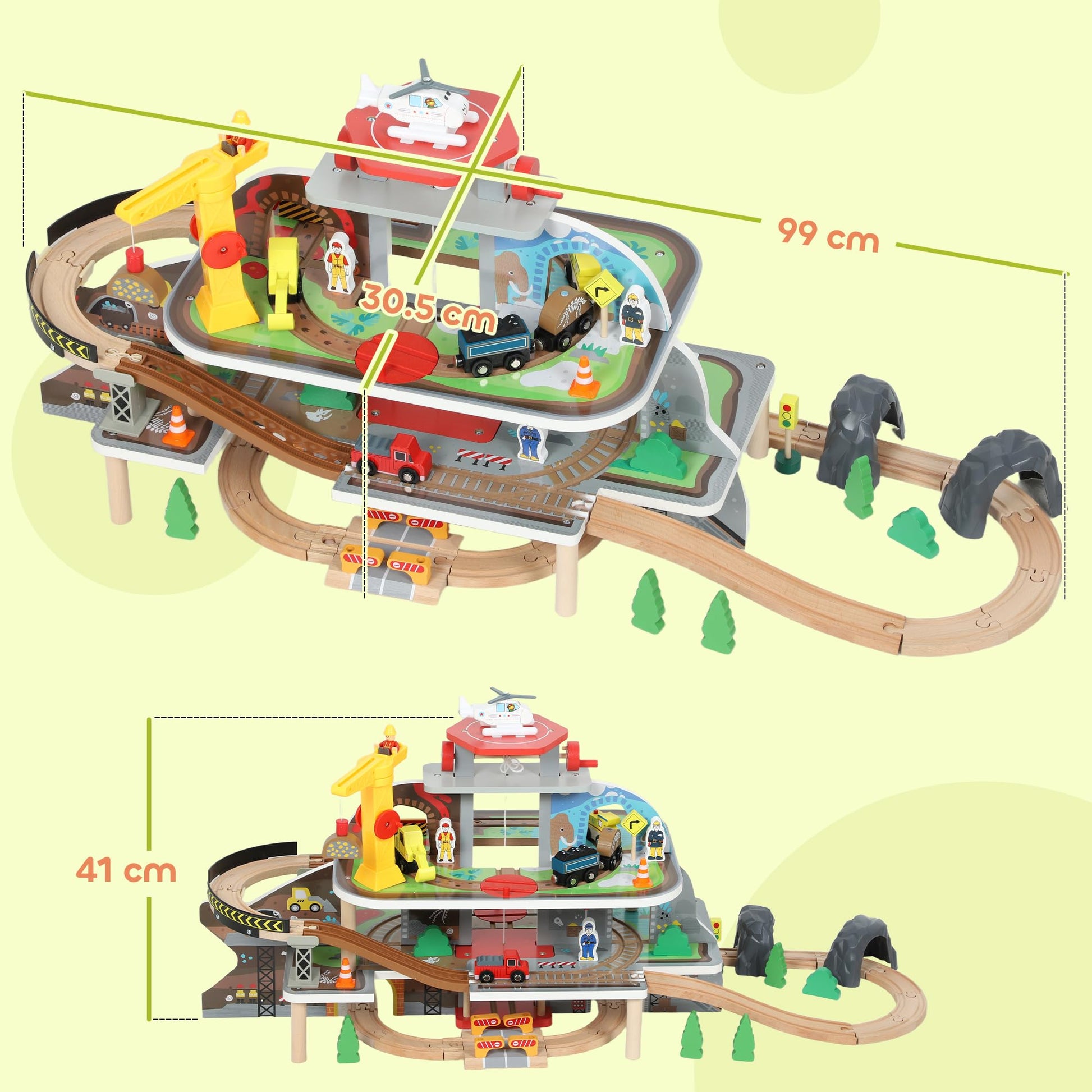 AIYAPLAY wooden train set with 79 pieces including tracks, crane, helicopter, and mine theme for kids ages 3+