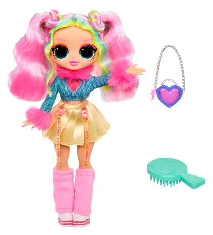 L.O.L. Surprise! OMG Doll Bubblegum D.J. with stylish outfits and accessories displayed on a colorful background.